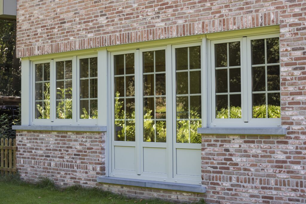 Lichtgroene aluminium ramen met kruisverdeling in landelijke woning, op maat gemaakt door Bruvo voor een elegante en tijdloze gevelafwerking.