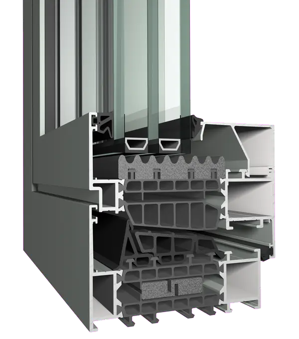 Doorsnede van een Slimline 10 deurprofiel, met zicht op de isolatiekern, meerkamerstructuur en drievoudige beglazing
